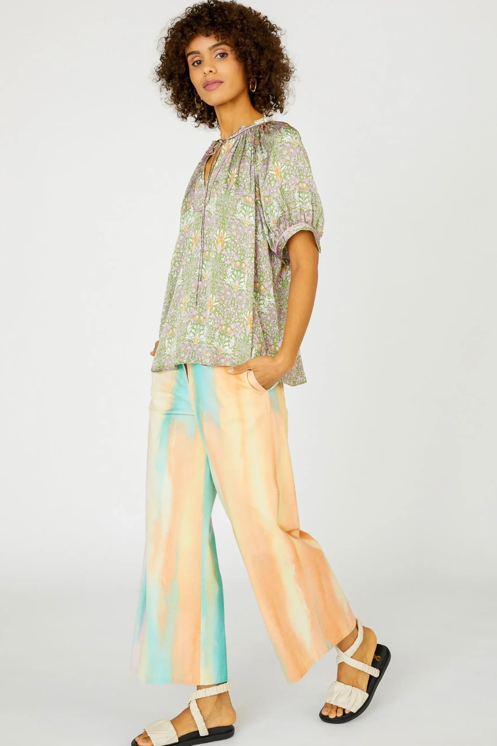Current Air Floral Nouveau Split Neck Blouse GREENPINK New