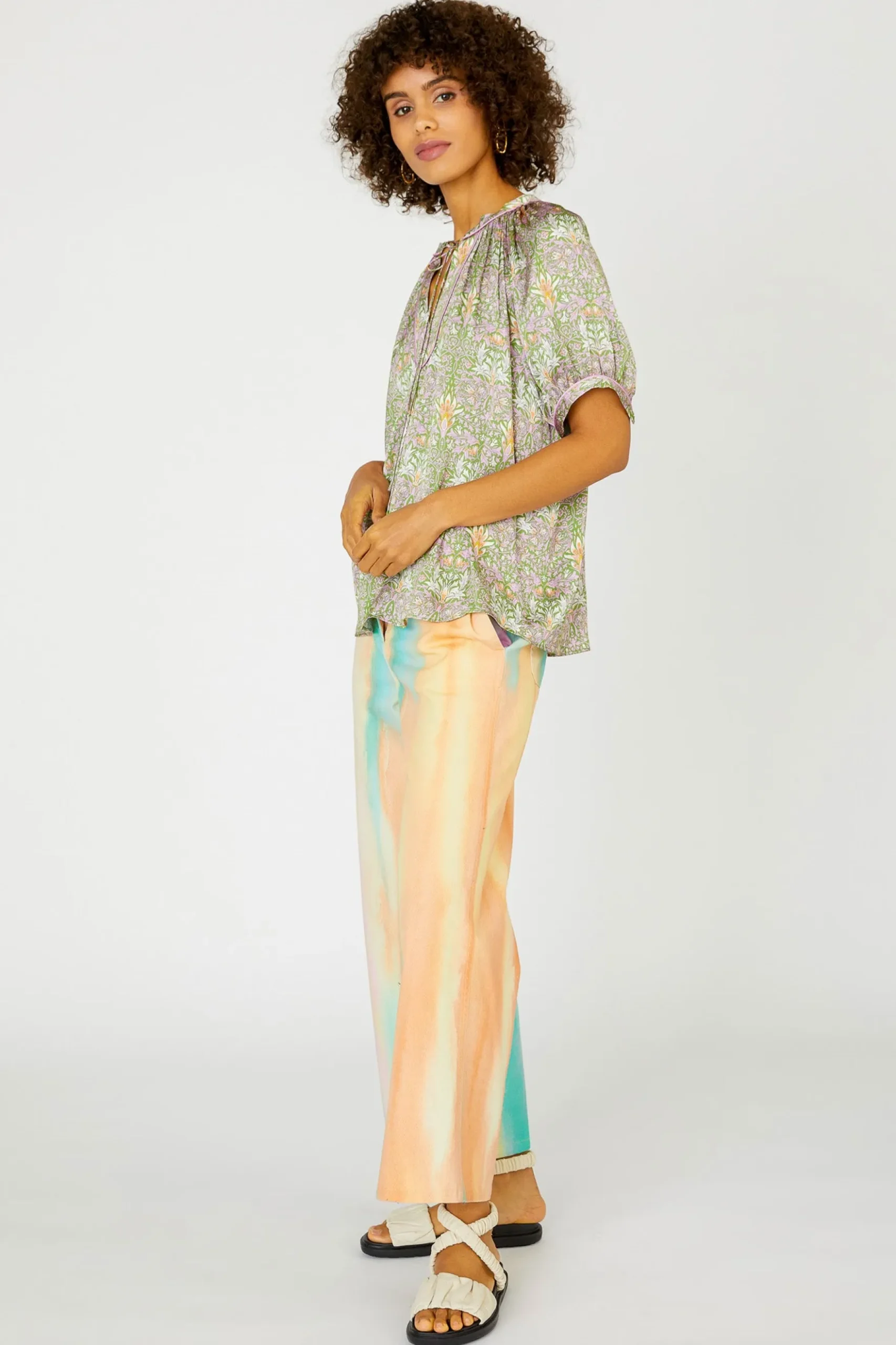 Current Air Floral Nouveau Split Neck Blouse GREENPINK New