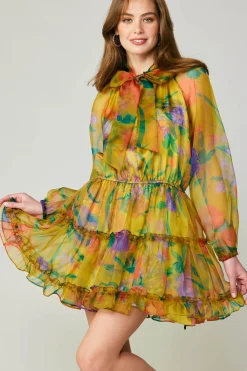Current Air Floral Organza Mini Dress YELLOW New