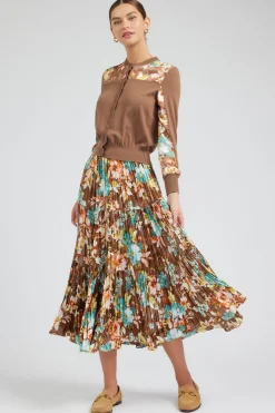 Current Air Floral Pleated Midi Skirt BROWNMLT New