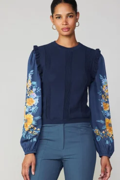 Current Air Floral Print Contrast Sweater Top NAVY Outlet