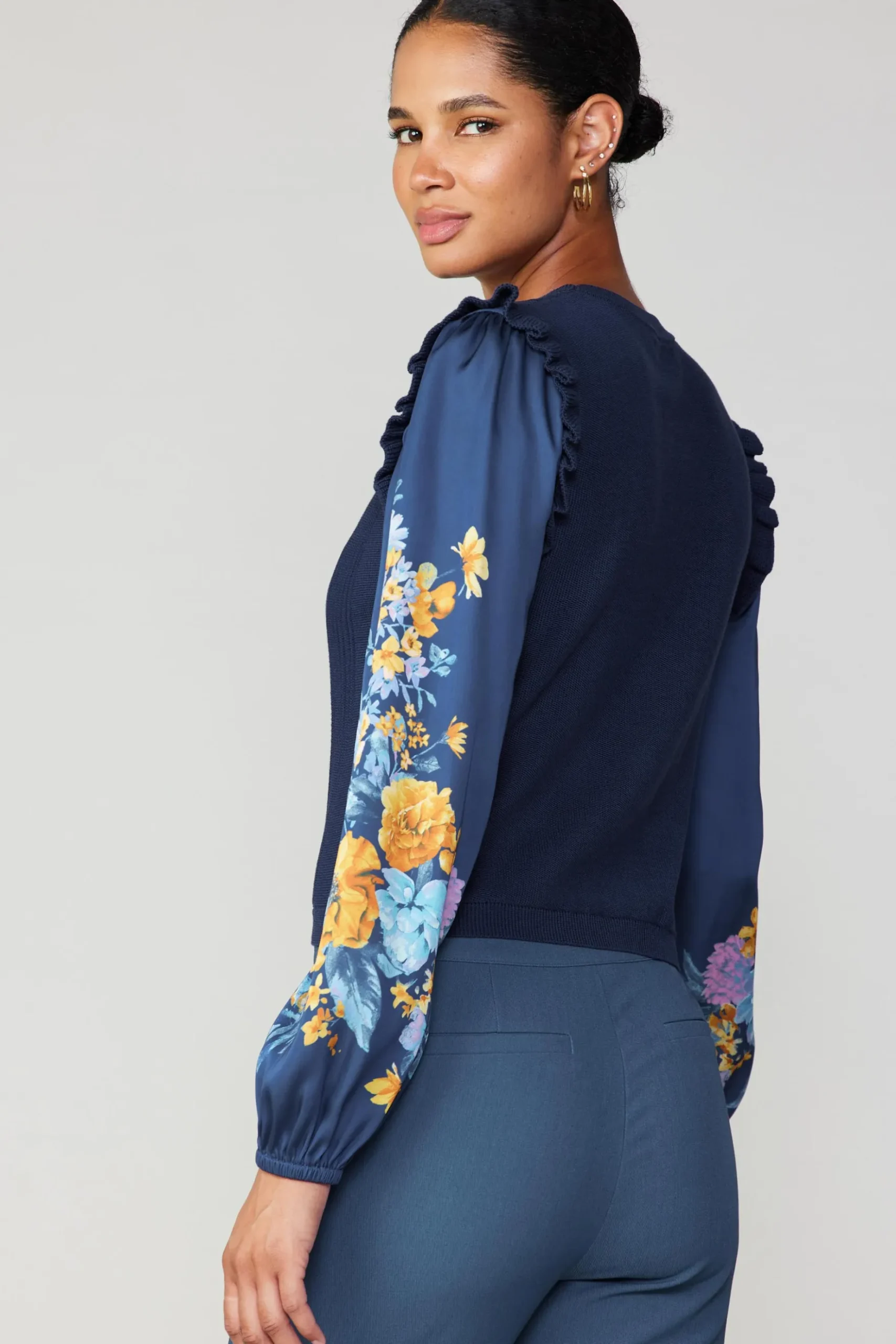 Current Air Floral Print Contrast Sweater Top NAVY Outlet