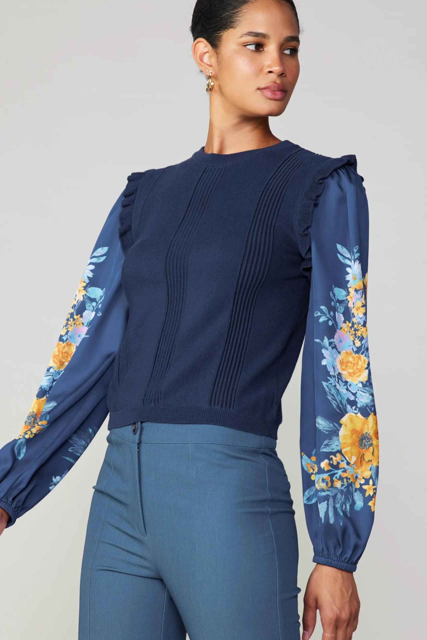 Current Air Floral Print Contrast Sweater Top NAVY Outlet