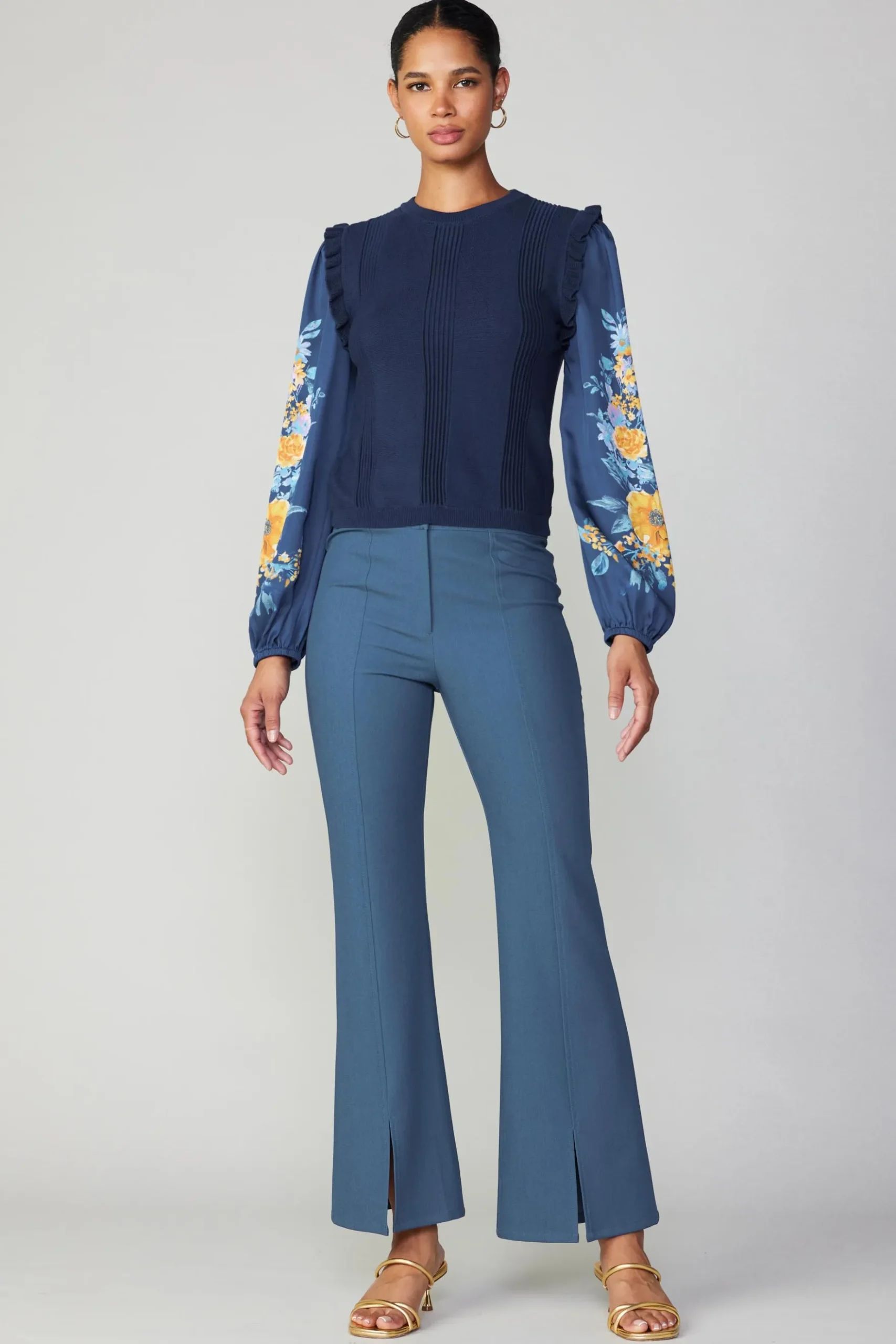 Current Air Floral Print Contrast Sweater Top NAVY Outlet