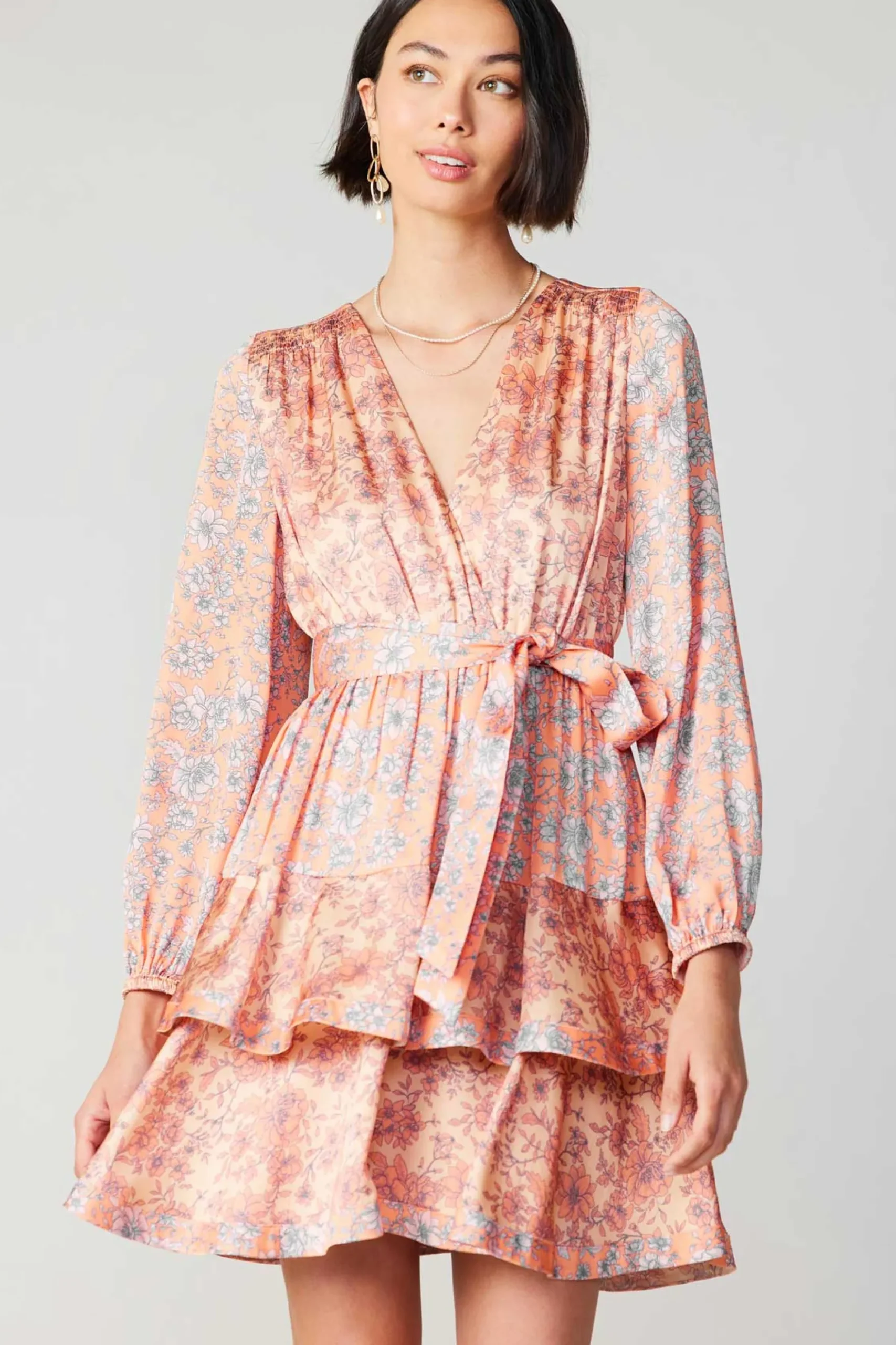 Current Air Floral Surplice Mini Dress CORAL Clearance