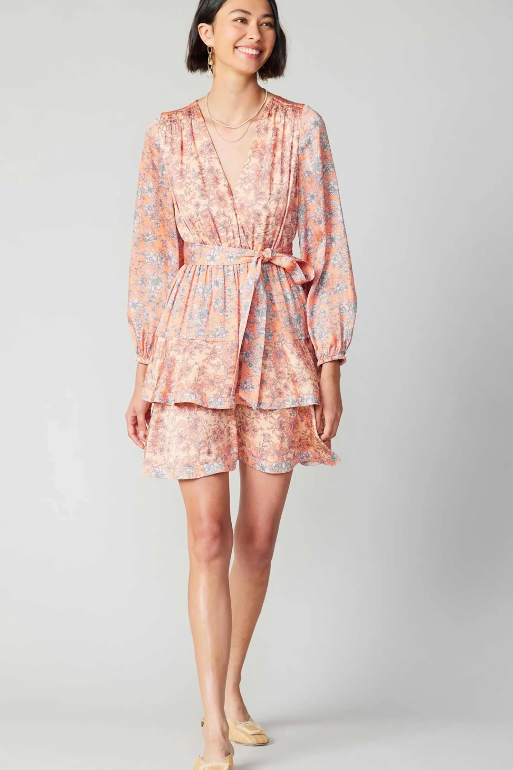 Current Air Floral Surplice Mini Dress CORAL Clearance