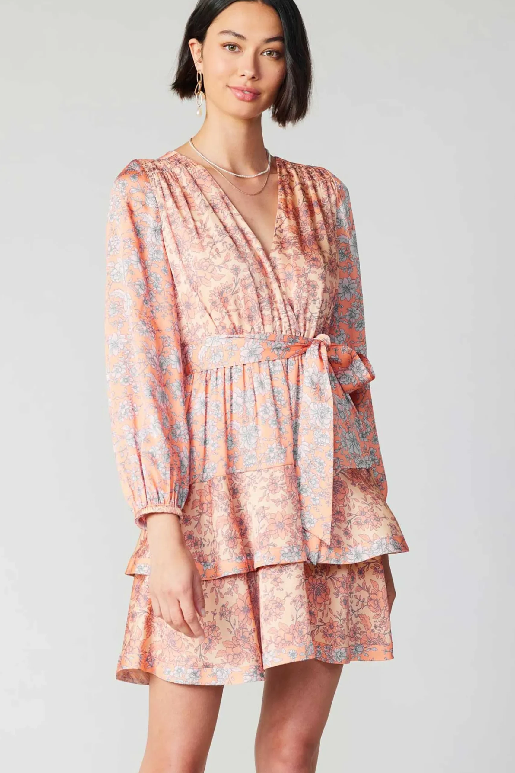 Current Air Floral Surplice Mini Dress CORAL Clearance