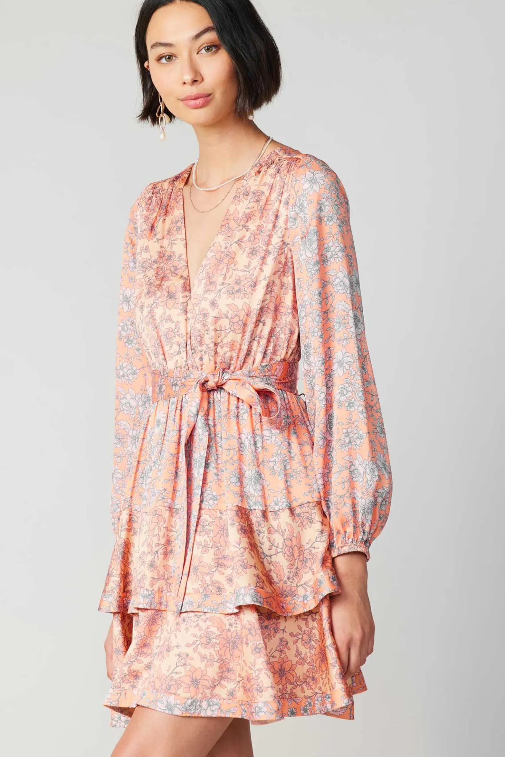Current Air Floral Surplice Mini Dress CORAL Clearance