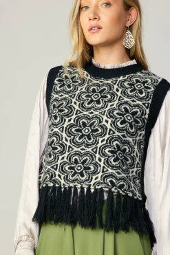 Current Air Floral Tassel Sweater Vest BLACK New