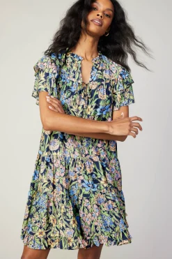 Current Air Flutter Sleeve Floral Print Dress FLORALMLT Fashion