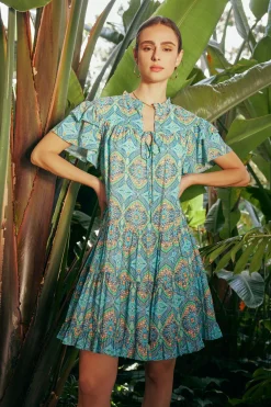 Current Air Flutter Sleeve Geo Print Dress BLUE New