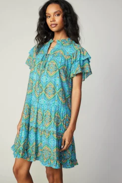 Current Air Flutter Sleeve Geo Print Dress BLUE New