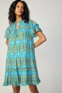 Current Air Flutter Sleeve Geo Print Dress BLUE New