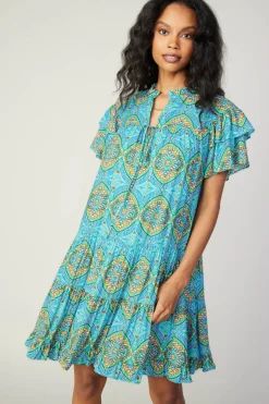 Current Air Flutter Sleeve Geo Print Dress BLUE New