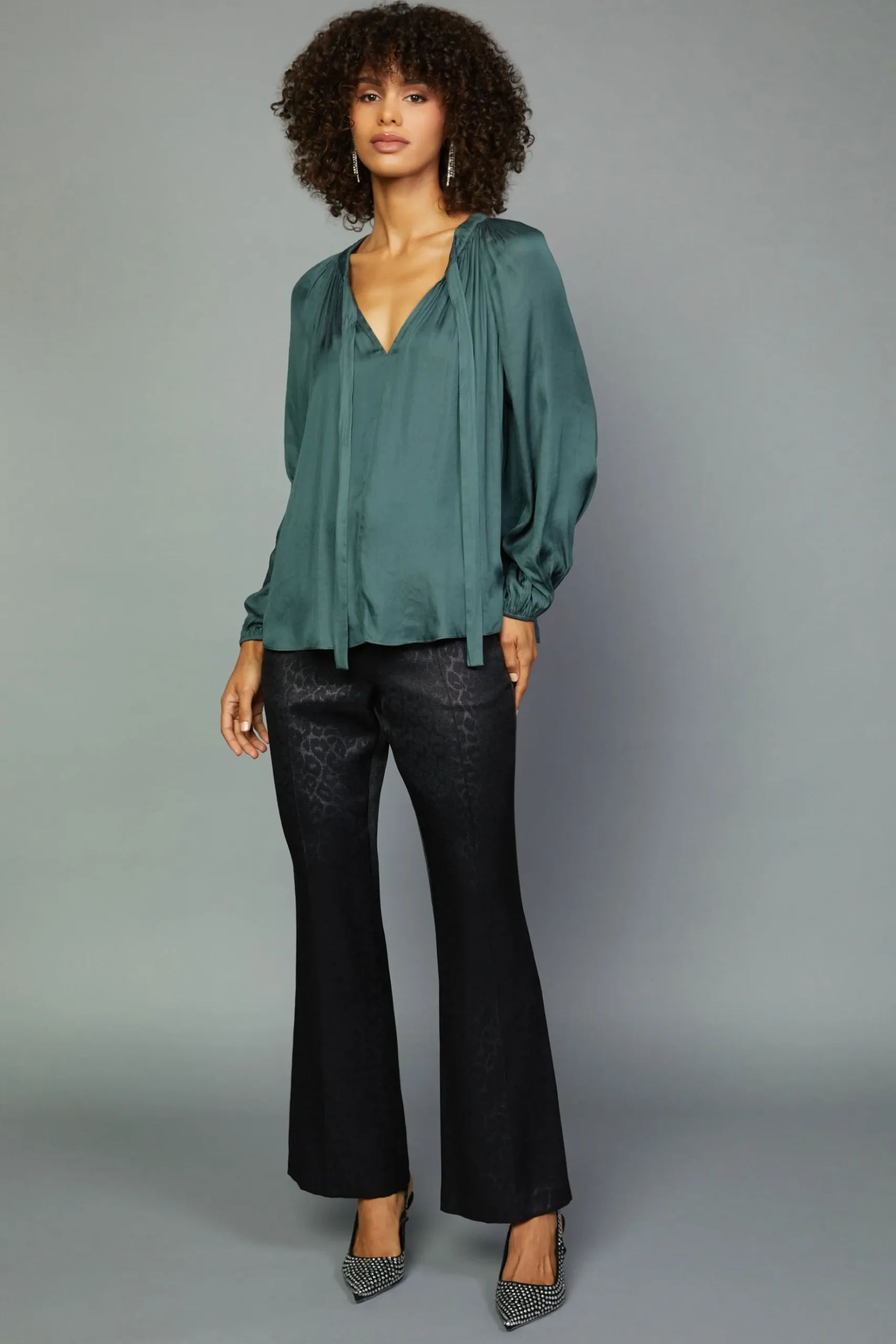 Current Air Gathered Bow Tie Blouse FORESTGREEN Outlet