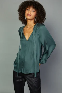Current Air Gathered Bow Tie Blouse FORESTGREEN Outlet