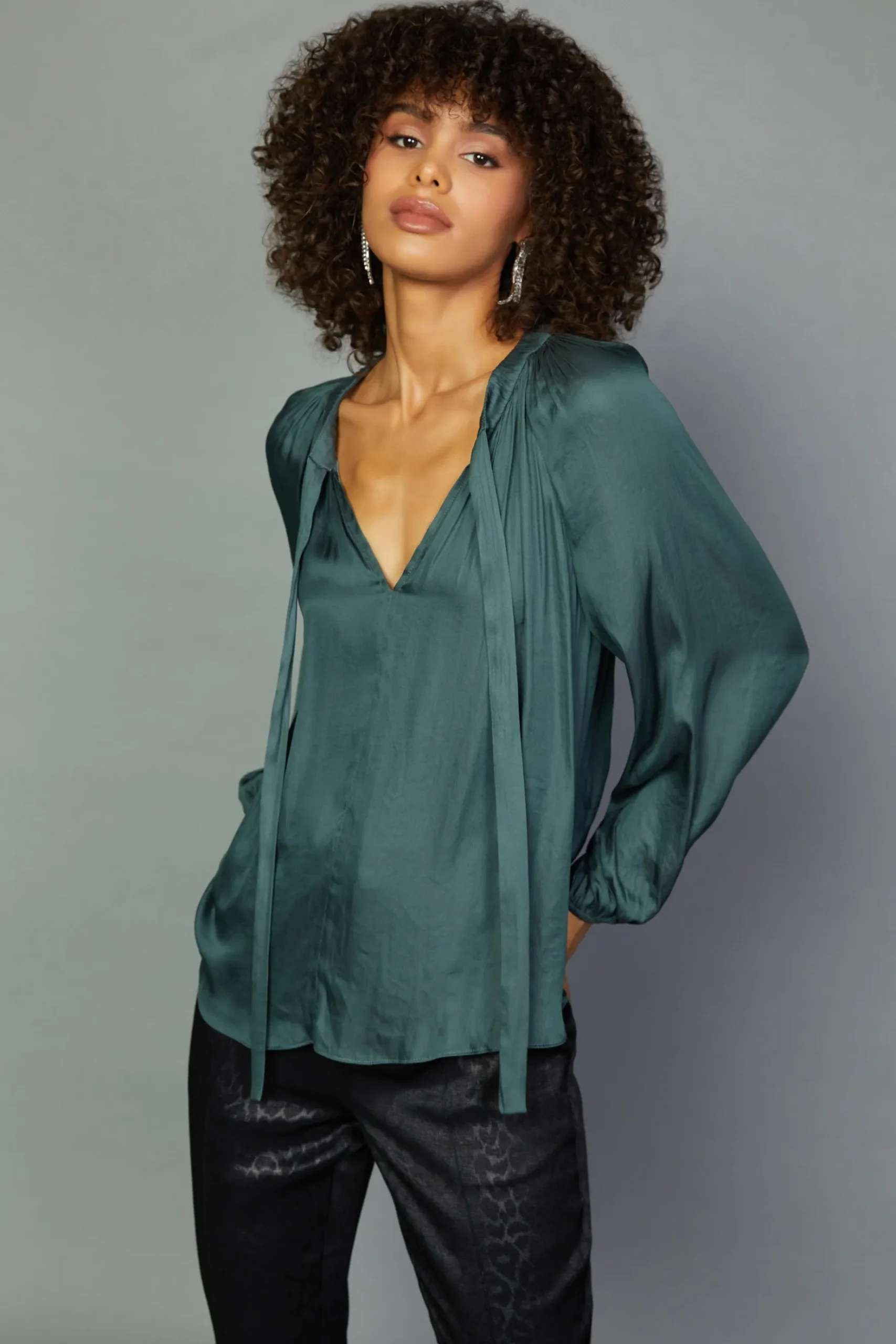 Current Air Gathered Bow Tie Blouse FORESTGREEN Outlet