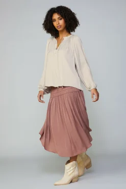 Current Air Gathered Split Neck Blouse LIGHTTAUPE New