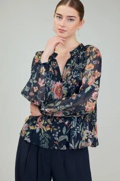 Current Air Glimmer Botanical Pleated Blouse NAVYMLT Fashion