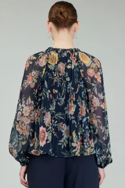 Current Air Glimmer Botanical Pleated Blouse NAVYMLT Fashion