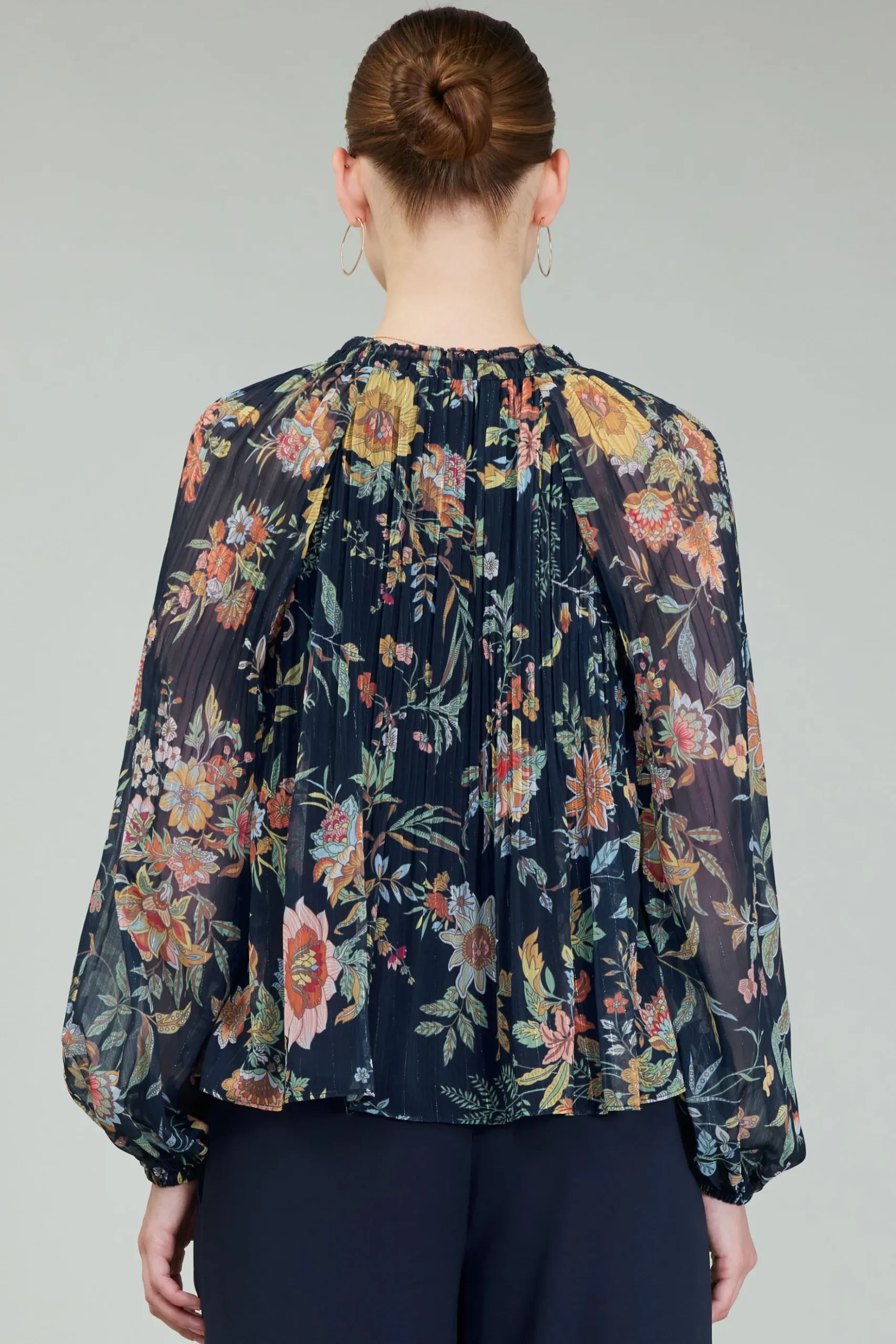 Current Air Glimmer Botanical Pleated Blouse NAVYMLT Fashion