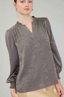 Current Air Glimmer Smocked Cuff Blouse DARKOLIVE Online