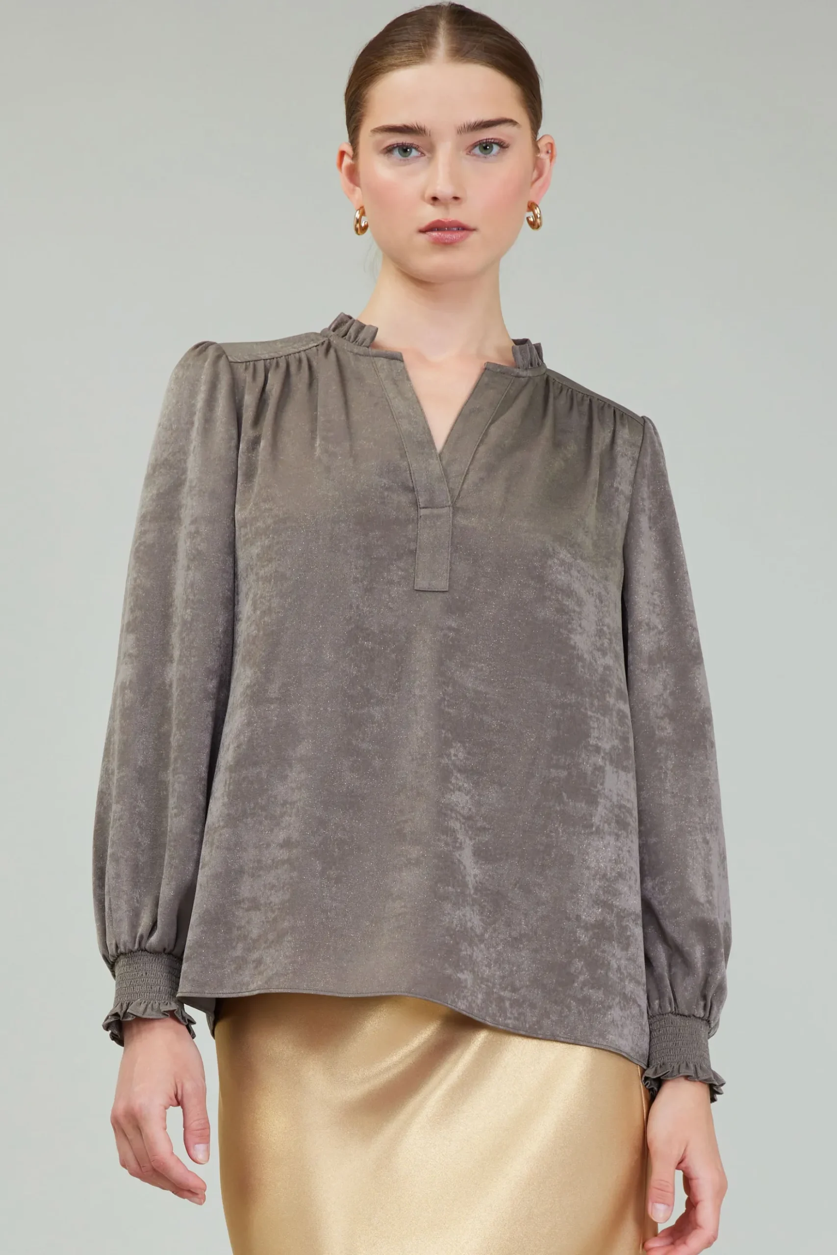 Current Air Glimmer Smocked Cuff Blouse DARKOLIVE Online