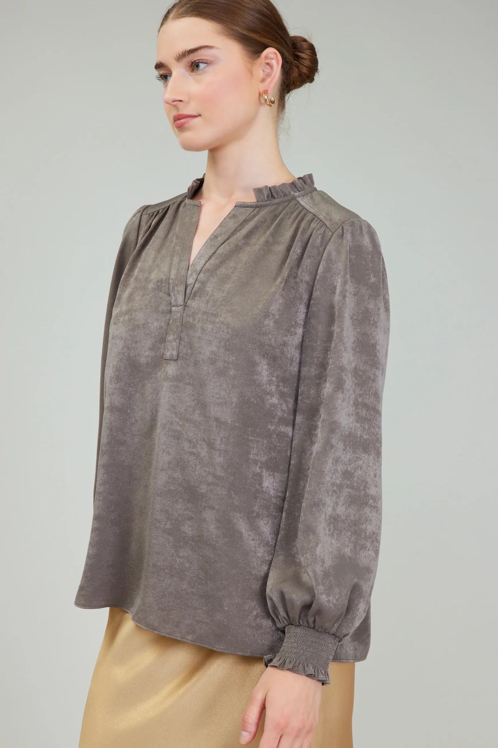 Current Air Glimmer Smocked Cuff Blouse DARKOLIVE Online