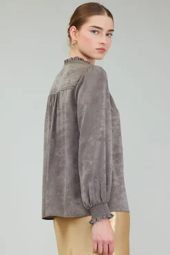 Current Air Glimmer Smocked Cuff Blouse DARKOLIVE Online