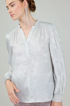 Current Air Glimmer Smocked Cuff Blouse OYSTER Online