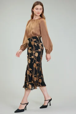 Current Air Gold Floral Midi Skirt BLACKGOLD Outlet