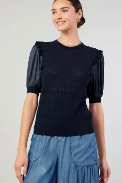 Current Air Half Sleeve Contrast Top NAVY New