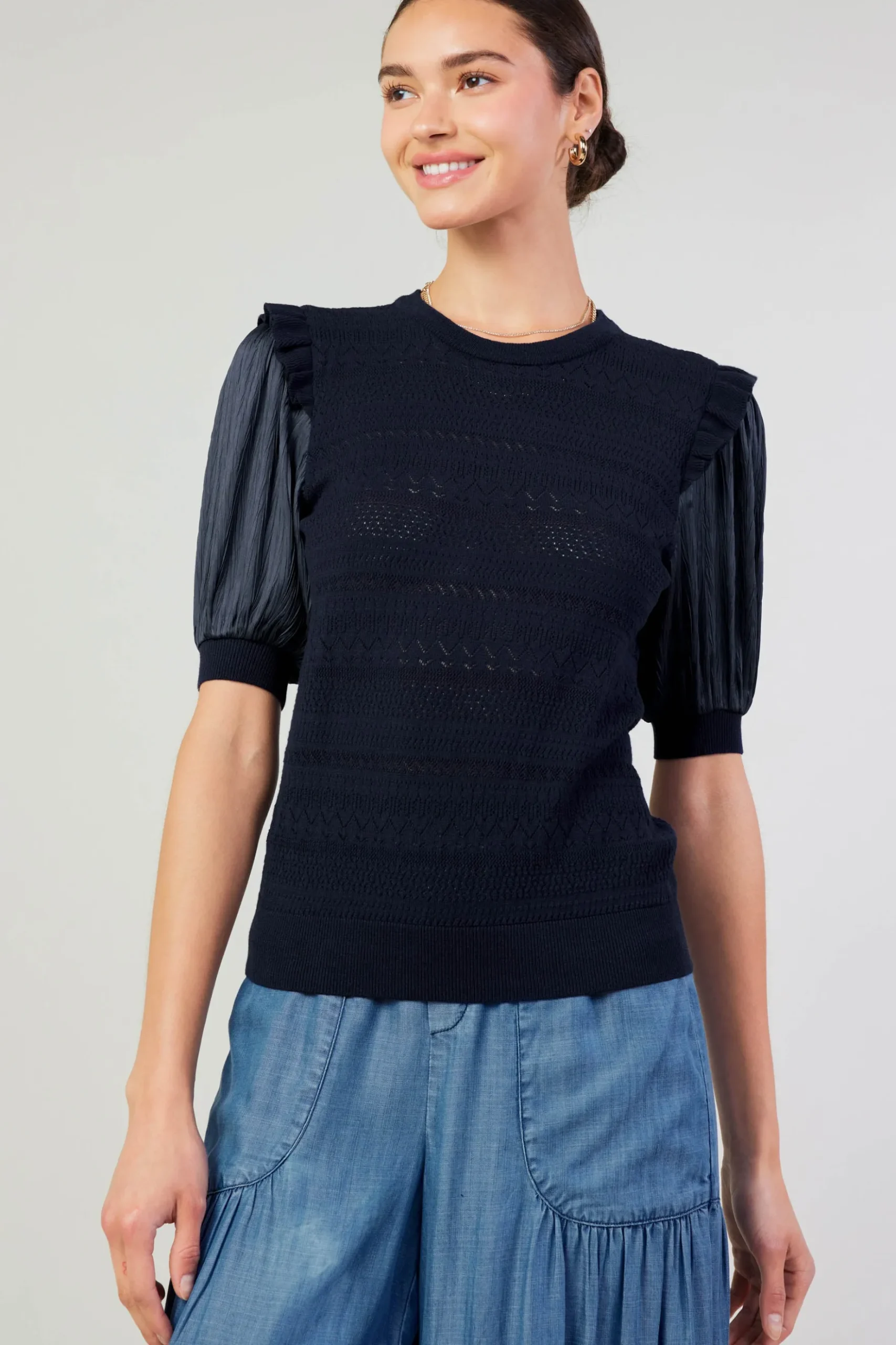 Current Air Half Sleeve Contrast Top NAVY New