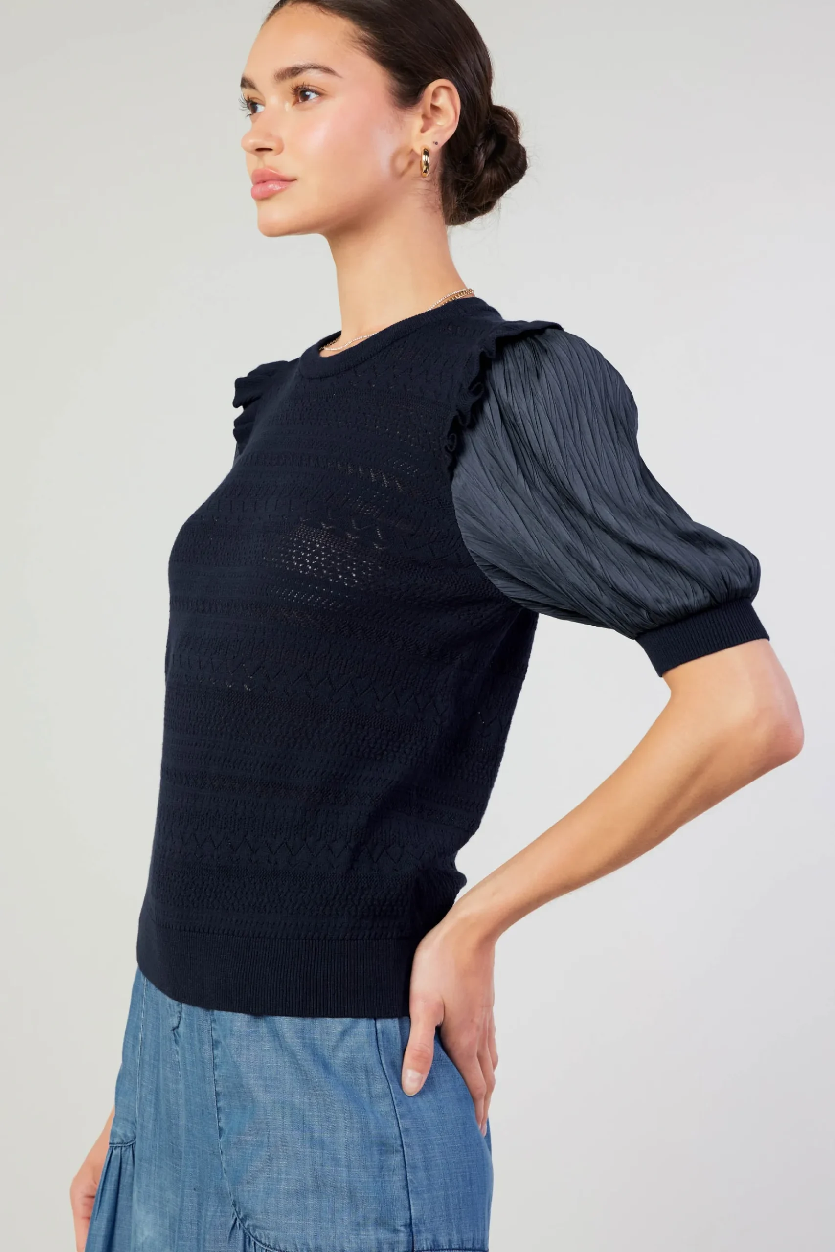 Current Air Half Sleeve Contrast Top NAVY New