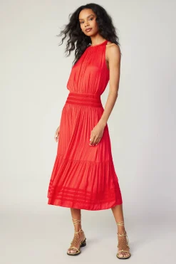 Current Air Halter Smocked Midi Dress RED Sale