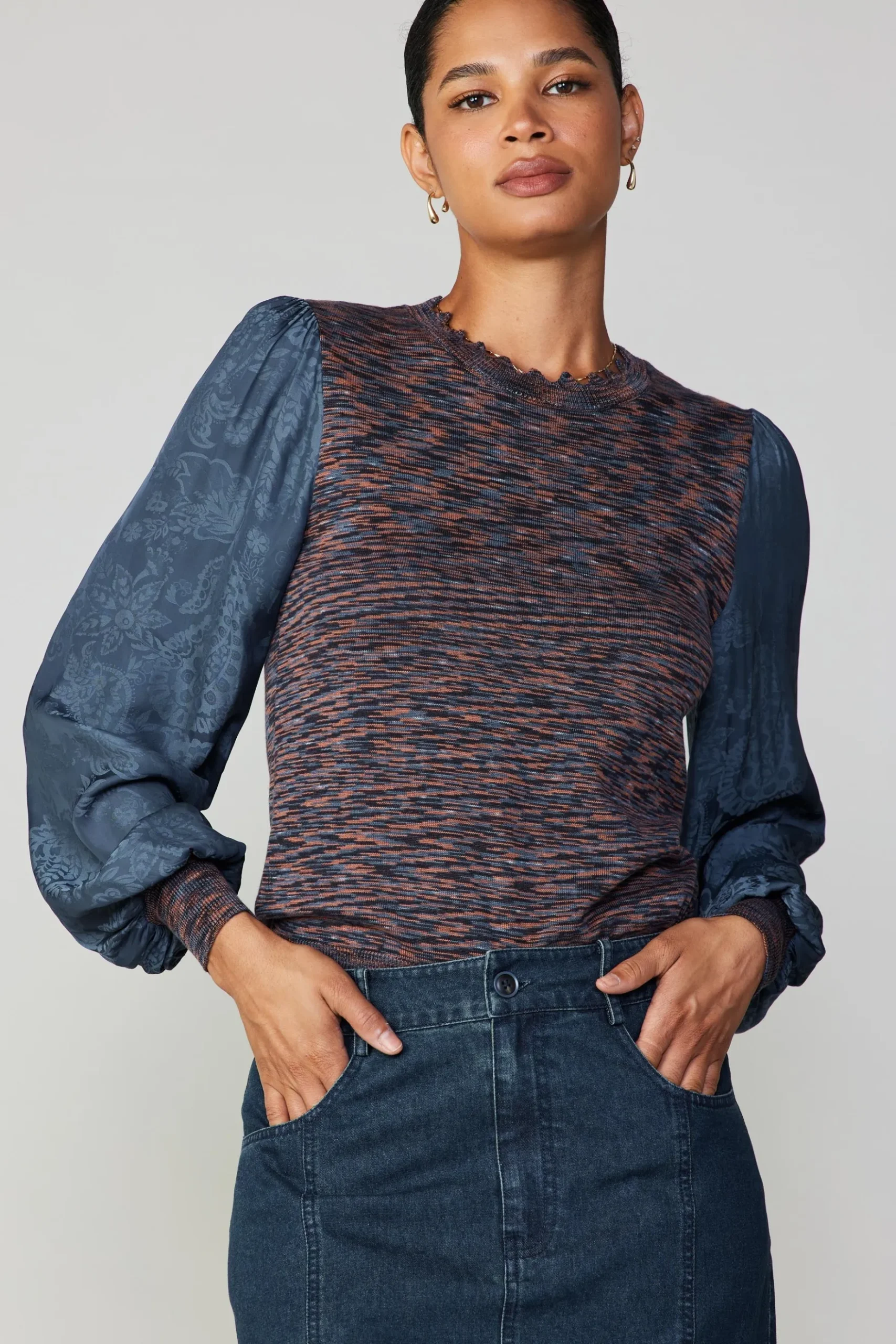 Current Air Heather Contrast Sweater Top NAVY Clearance