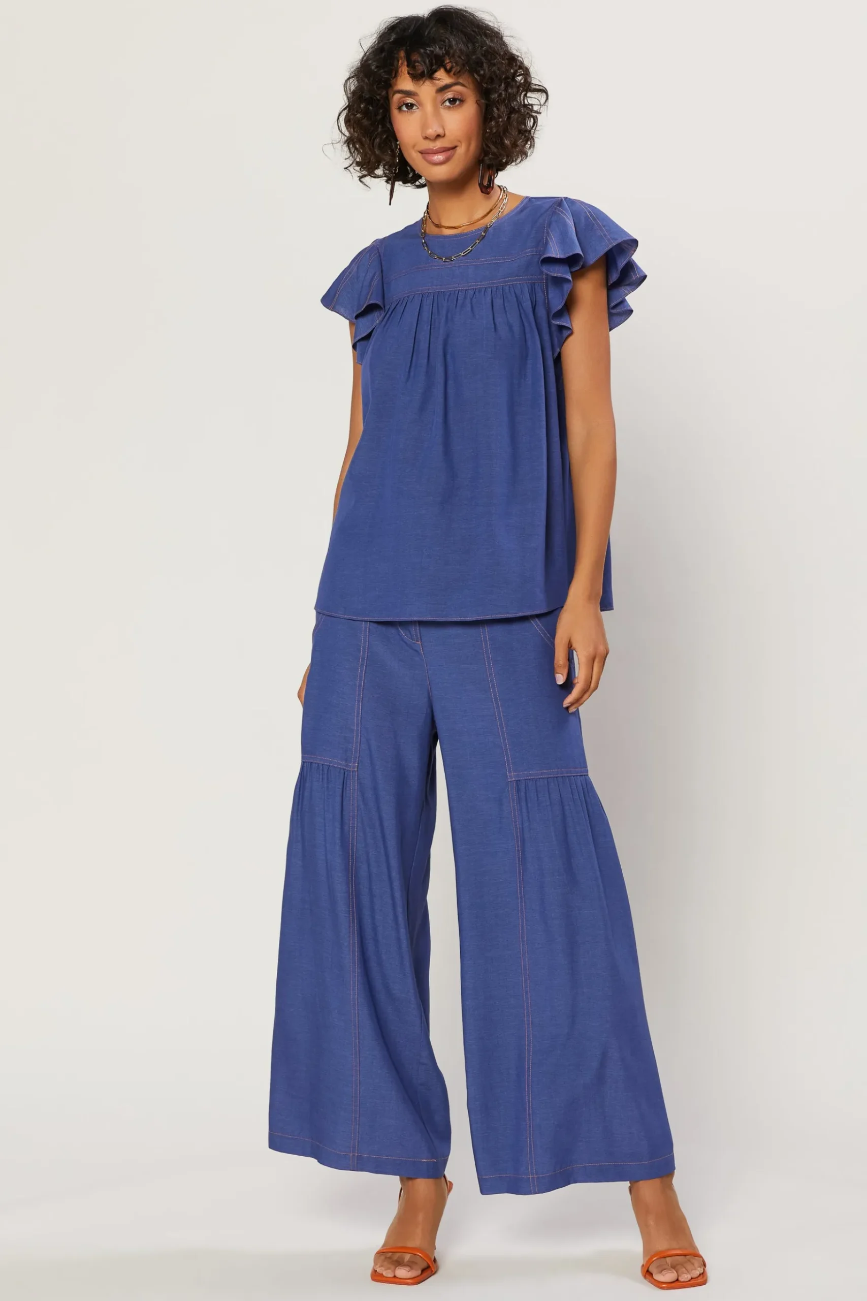 Current Air Indigo Ruffled Sleeve Top DENIMBLUE New