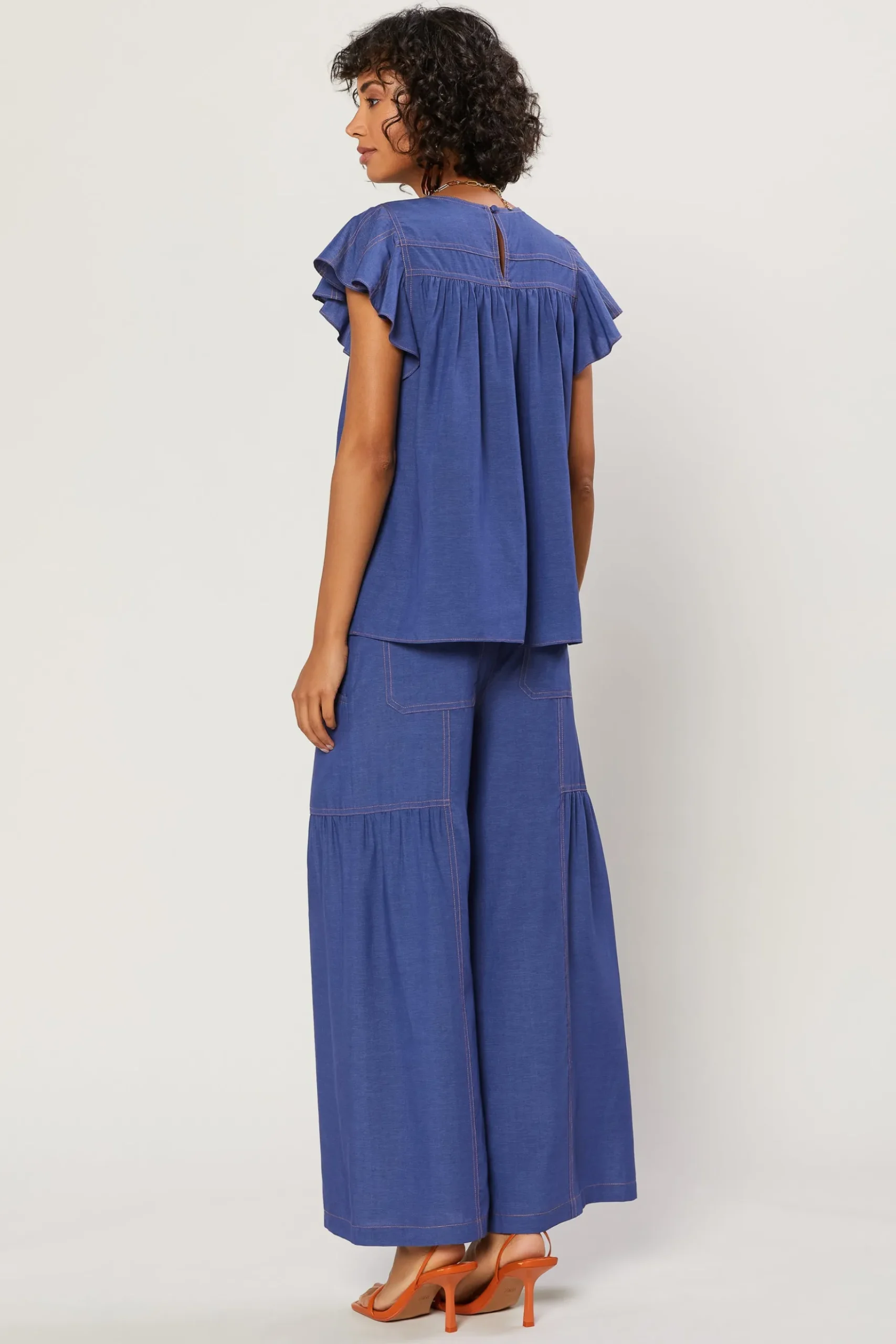 Current Air Indigo Ruffled Sleeve Top DENIMBLUE New