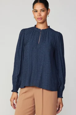 Current Air Jacquard Ruffled Neck Blouse NAVY Sale