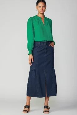 Current Air Jacquard Ruffled Neck Blouse GREEN Hot