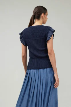Current Air Knit Crewneck Ruffled Tank NAVY Hot