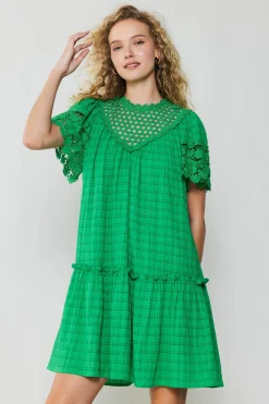 Current Air Lace Sleeve Mini Dress GREEN Clearance