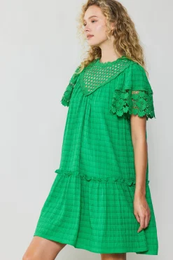 Current Air Lace Sleeve Mini Dress GREEN Clearance