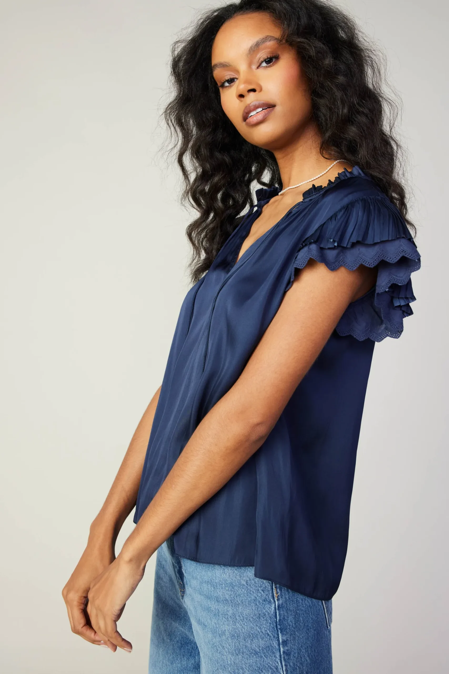 Current Air Layered Lace Sleeve Top NAVY Outlet