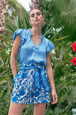 Current Air Layered Lace Sleeve Top BABYBLUE Clearance