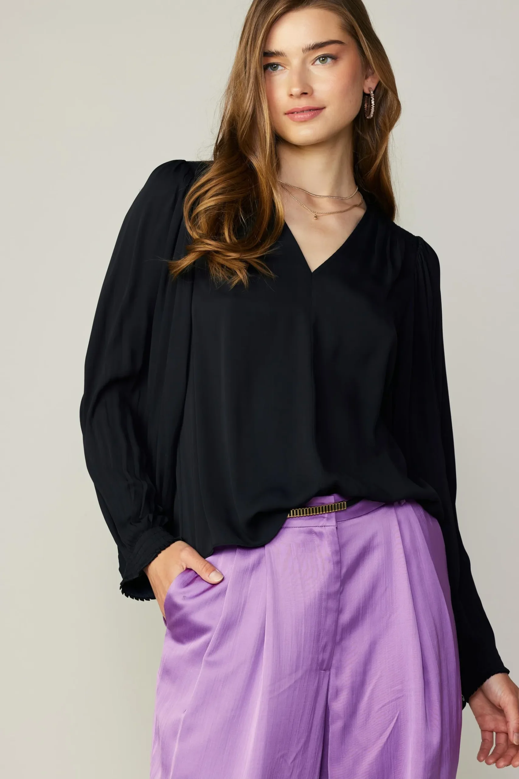 Current Air Long Pleated Sleeve Blouse BLACK Clearance