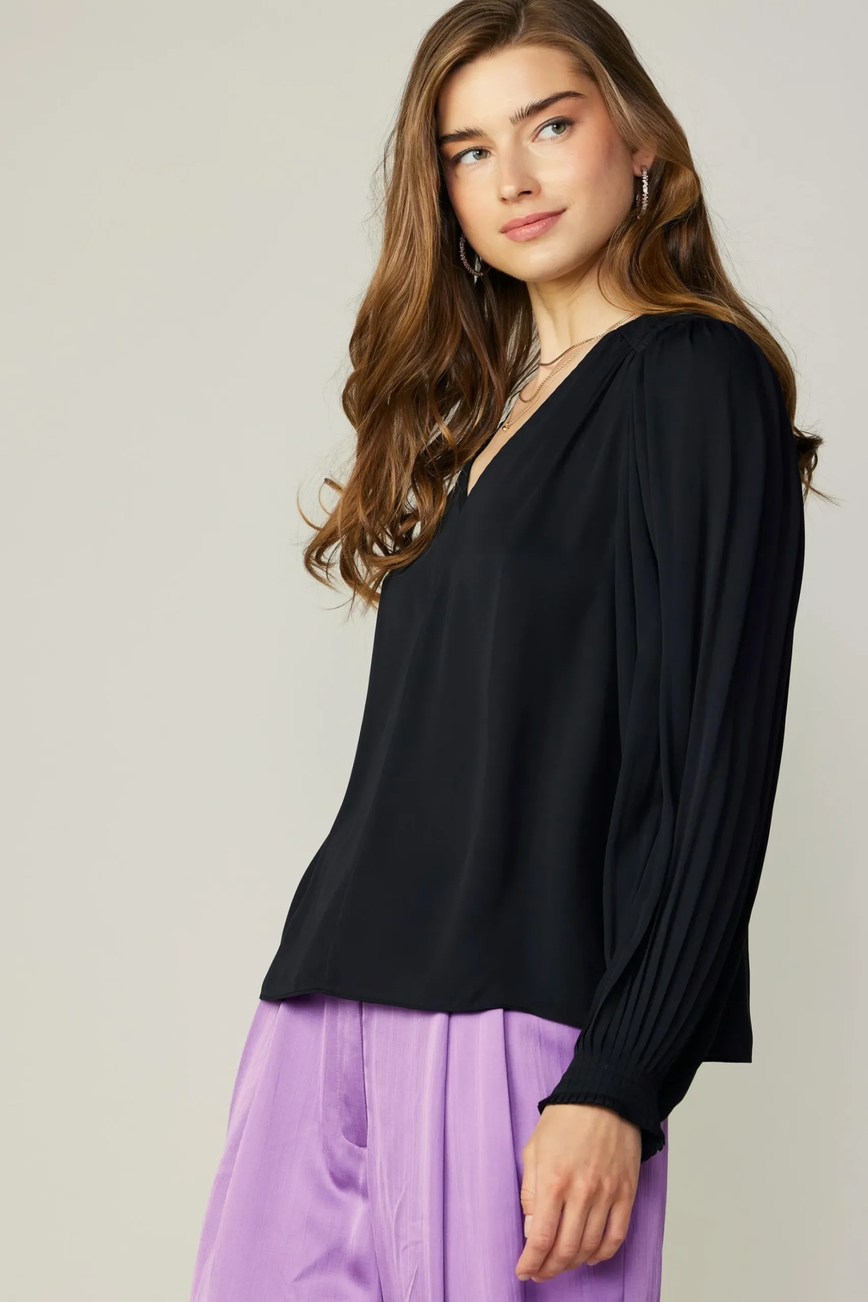 Current Air Long Pleated Sleeve Blouse BLACK Clearance