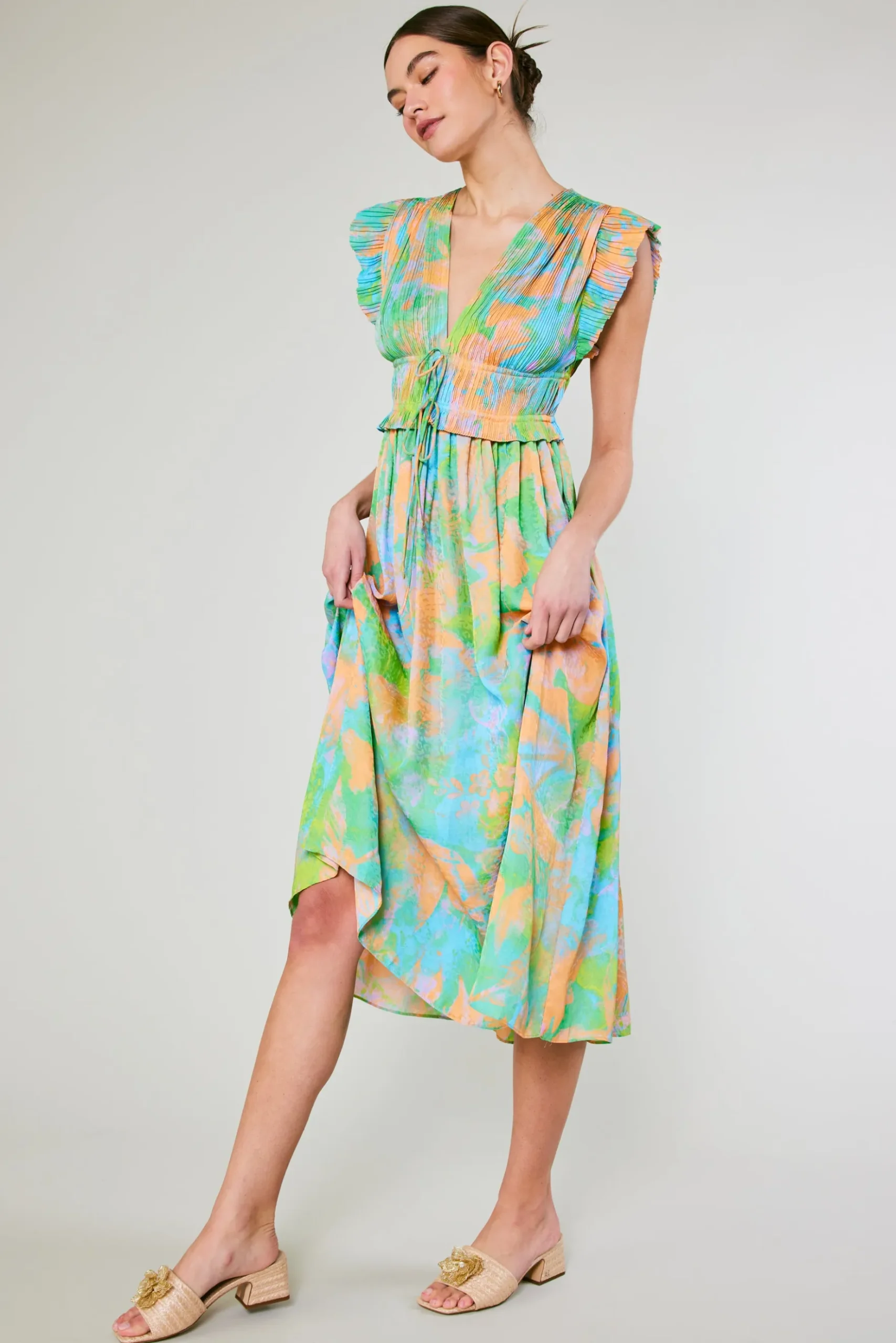 Current Air Mara Abstract Pleated Maxi Dress GREENORANGEMLT Sale