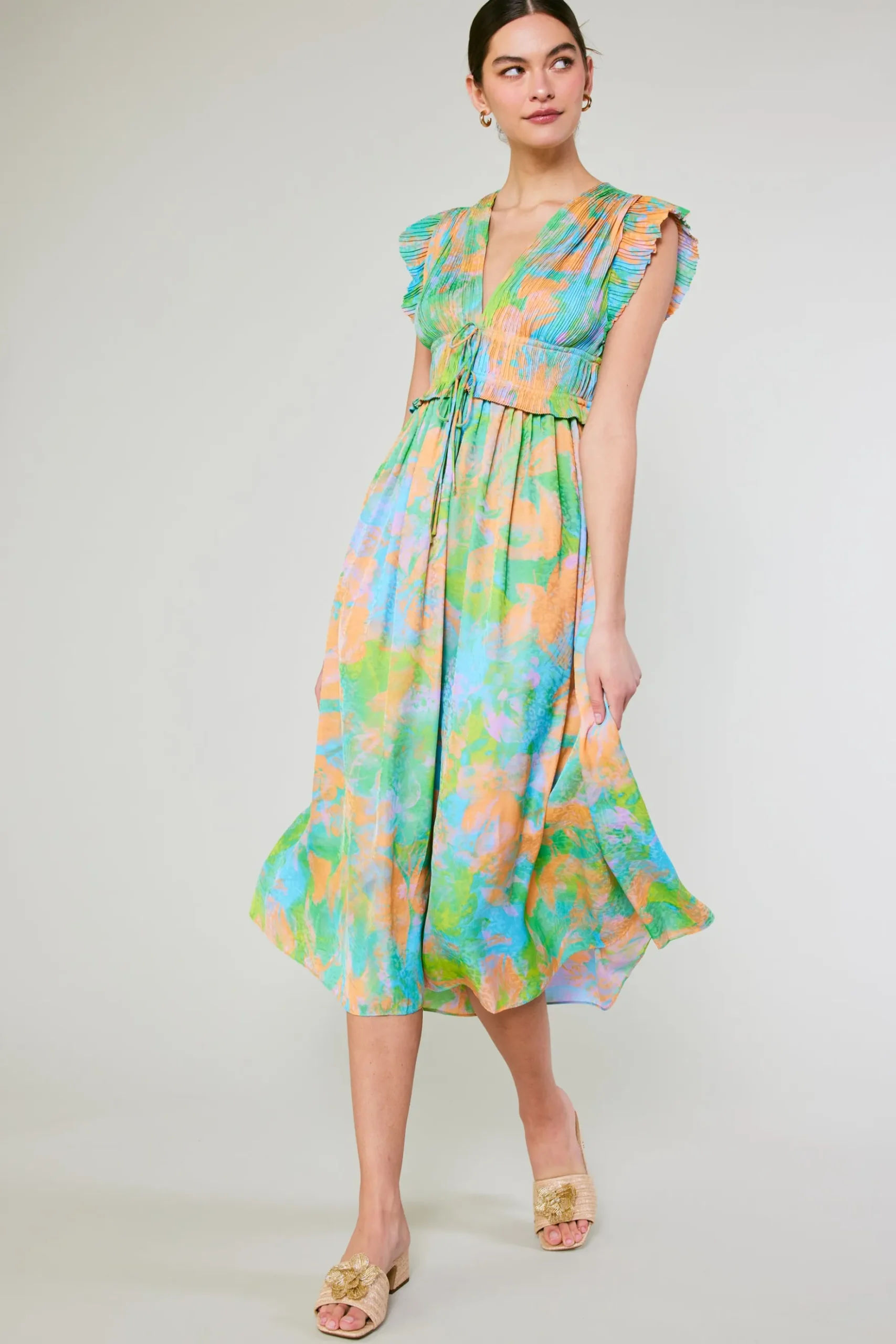 Current Air Mara Abstract Pleated Maxi Dress GREENORANGEMLT Sale