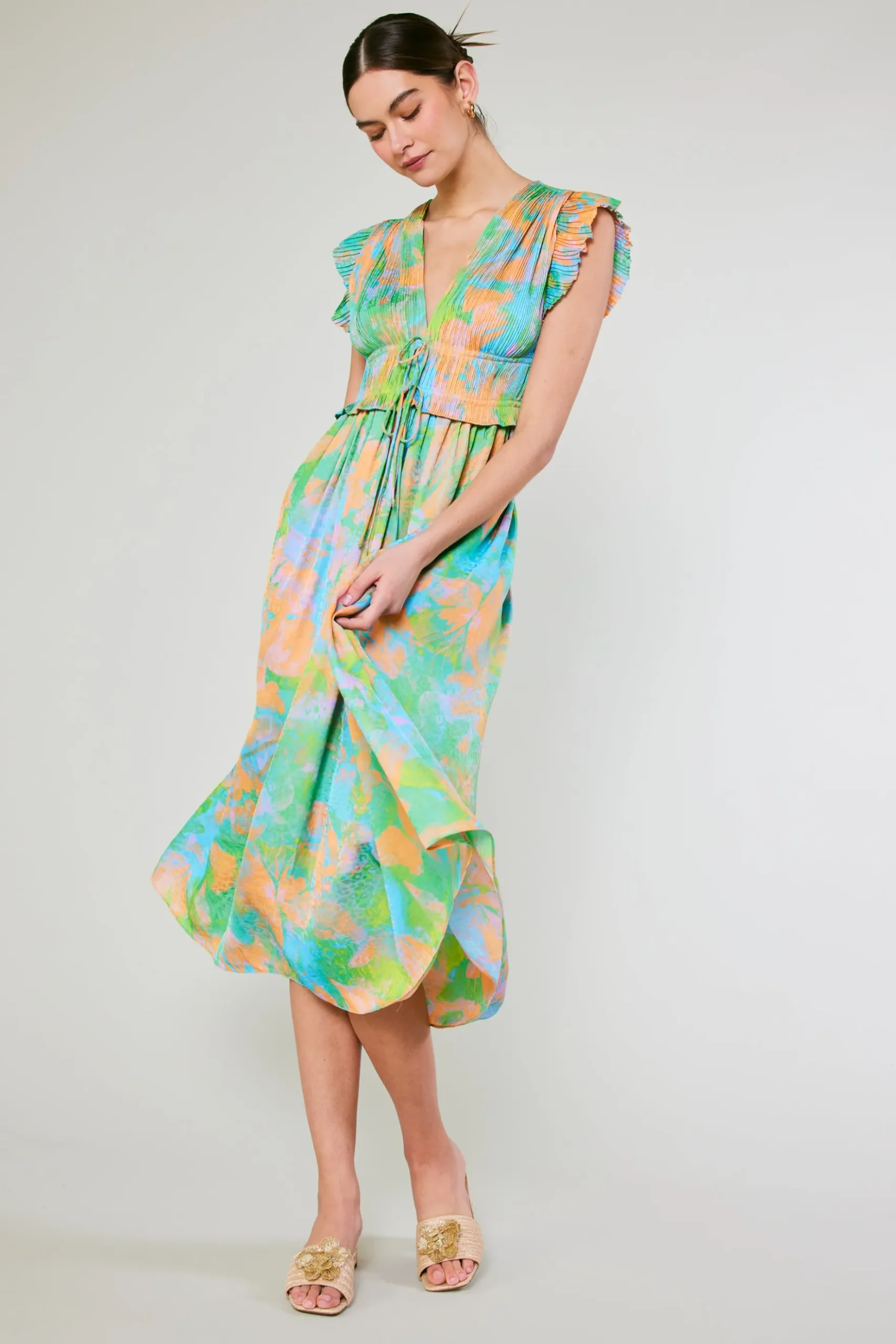 Current Air Mara Abstract Pleated Maxi Dress GREENORANGEMLT Sale